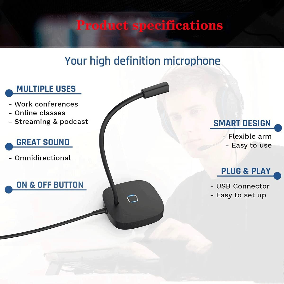 Microfono USB, microfono da gioco Plug & Play, microfono per streaming con pulsante muto, ideale per giochi, riunioni (nero)