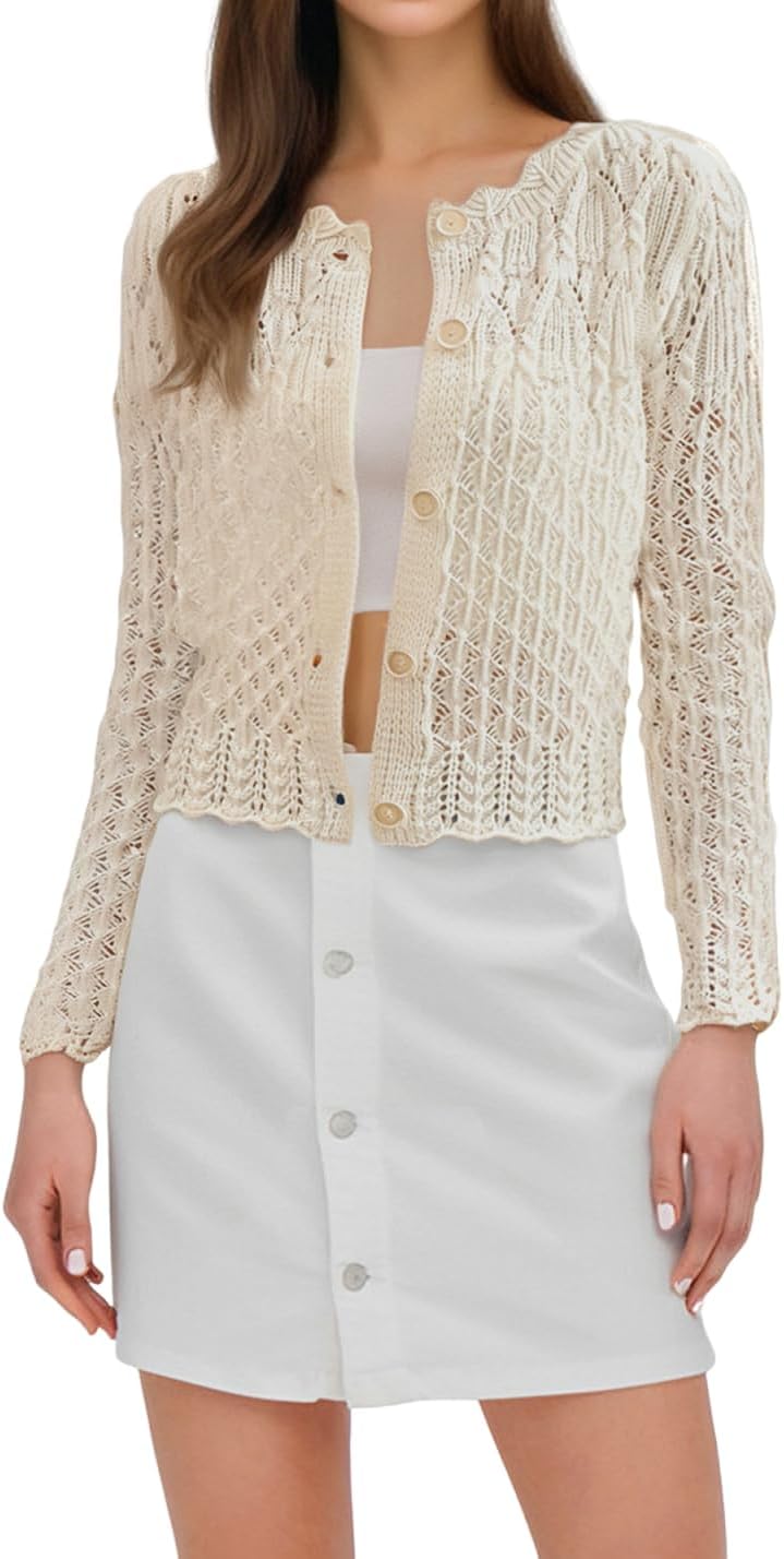 GORGLITTER Women's Button Up Cropped Cardigan Fall Sweaters Lightweight Open Front Cute Long Sleeve Crochet Knit Tops