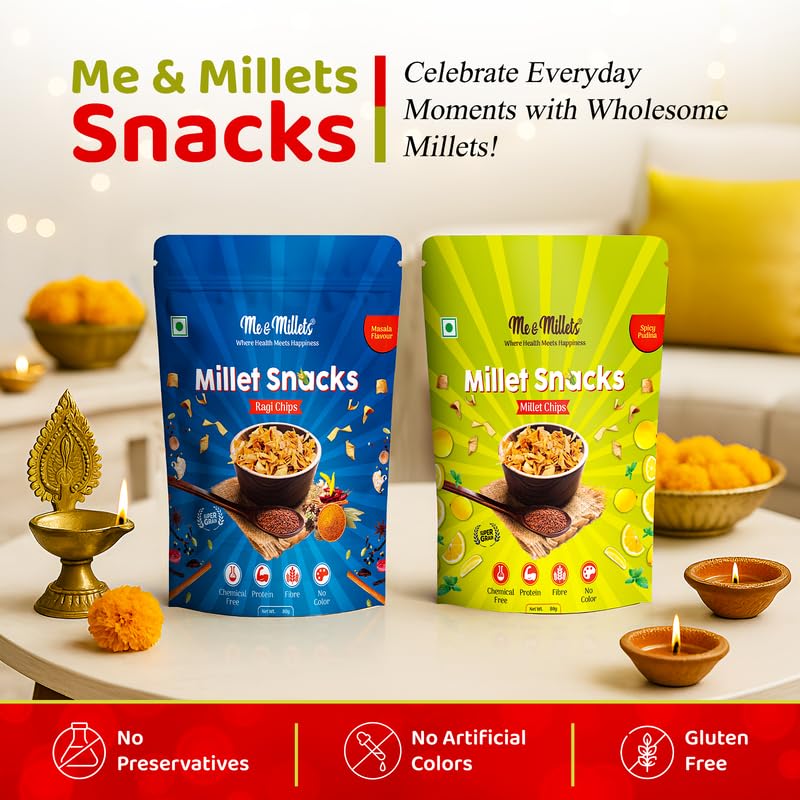 Image of ME & MILLETS Cookies & Chips Gift Pack | Ragi, Jowar Cookies (75g x1 each) + Pudina, Masala Chips (80g x1 each) | No Maida | Jain Friendly | High Fiber | Diwali Gift for Family, Friends & Corporate