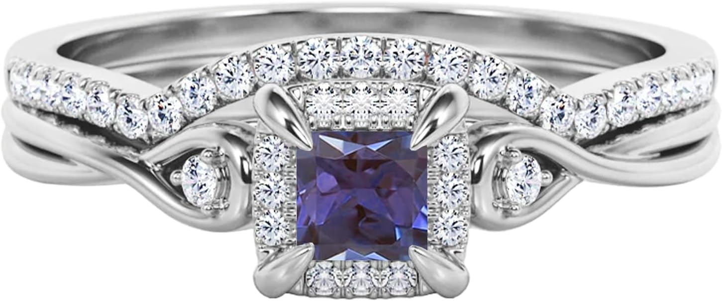 Princess Cut Wedding Ring Set for Women 1CT Princess Shaped Gemstone Bridal Ring Set 925 Sterling Silver 10K 14K 18K Gold Engagement Rings Set for Women