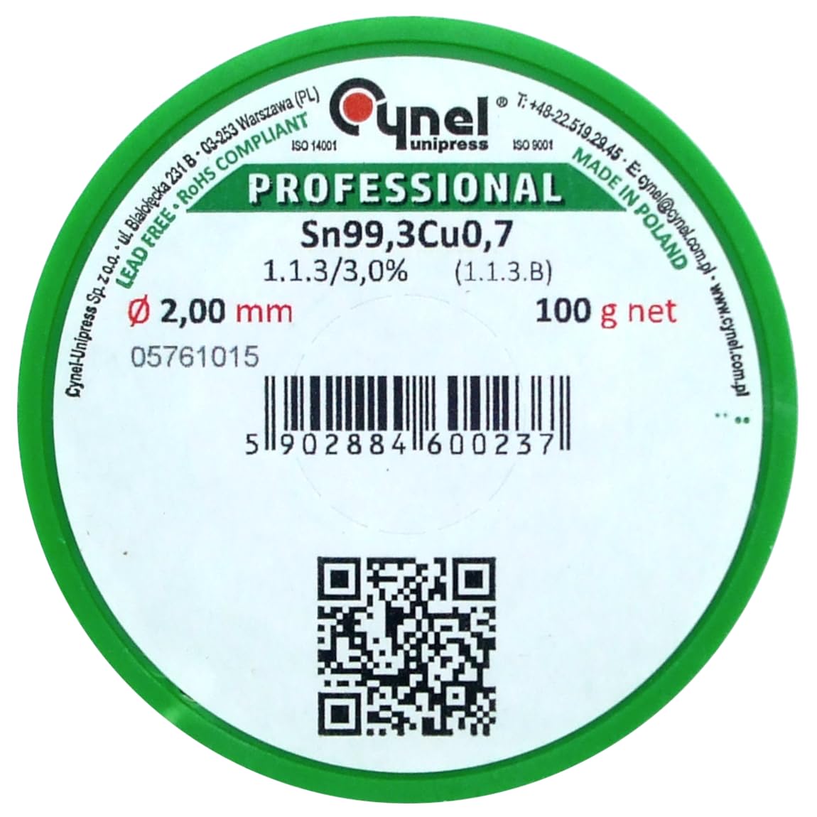 Lead Free Solder Wire, Sn99.3Cu0.7, 100g Reel (Ø 2.0 mm)