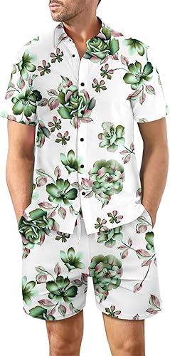 lulshou 2023 Mens Shirt and Short Sets Casual Beach Sport Set 2 Piece Outfits for Men Summer Hawaiian Printed Tracksuit
