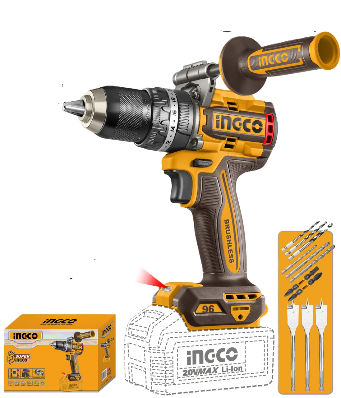 INGCO P20S Trapano Avvitatore a Percussione Brushless 20V, 96N.m Mandrino Jacobs 13 mm, 96 Nm, 0-2000 giri/min, con Punte da Trapano e Impugnatura Ausiliaria. Solo Corpo Macchina