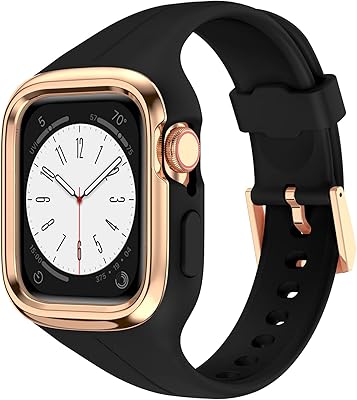 Sport Band Compatible with Apple Watch 41mm 40mm, Stainless Steel Metal Watch Case With Liquid Silicone Replacement Bands for iWatch Series 8 7 6 5 4 SE Women (40mm/41mm, Black)