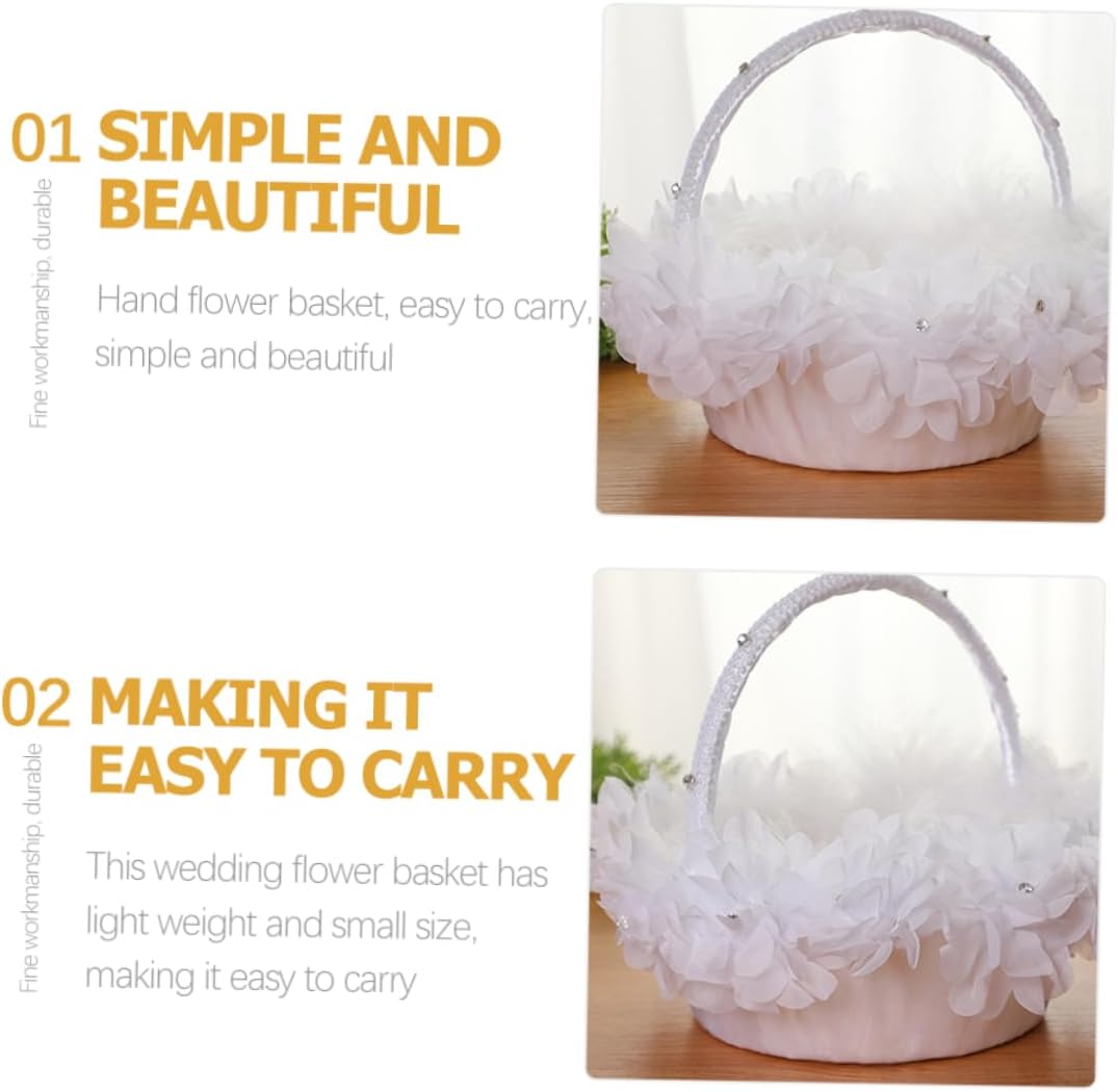 Floral Wedding Flower Girl Basket White Lace Rose Basket with Pearl Handle for Wedding Ceremony Party Supplies