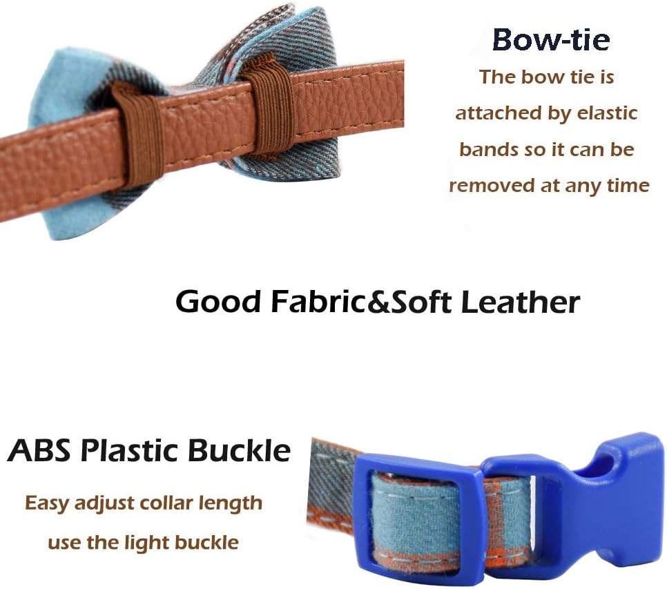 Bow Tie Dog Collar - Cute Plaid Sturdy Soft Material&Leather Dog Collars for Small Medium Large Dogs Breed Puppies Adjustable 12 Colors and 3 Sizes (S 10"-14", Light Blue&Brown Plaid) image 4