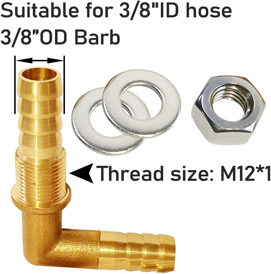 Uenede 2PCS Solid Brass 90°Elbow Barb Bulkhead Fitting 3/8”OD Barb Bulkhead Coupling Tank Connector Hose Pipe Barb Fitting for Water/Oil/Gas