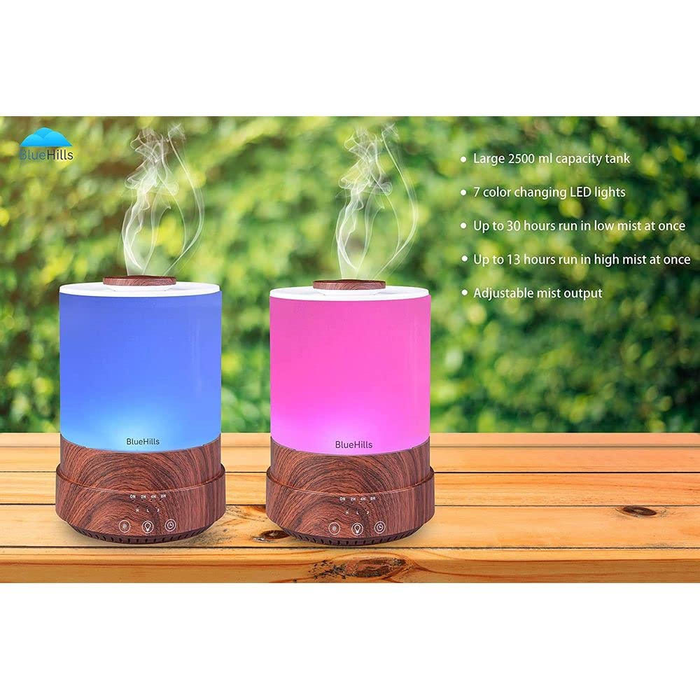 BlueHills - Difusor de aceites esenciales XL 2500 ml con temporizador para gran decoración del hogar, habitación de bebé, gran capacidad de 2,5 l con luces Grano de madera oscura - F003