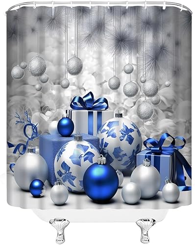 Miniatura 3 de Cortina de ducha de Navidad, bolas azules plateadas, estrellas, fantasía, vacaciones de invierno, feliz año nuevo, cortina de decoración de baño con