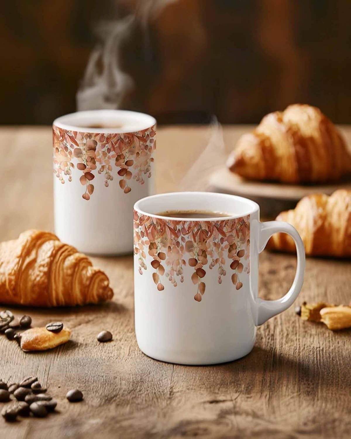 BEMIGO Ceramic Coffee Mug Spring Falling Eucalyptus Leaves Ceramic Mug White Cup, Orange Insulated Coffee Cup with Handle with Pattern Perfect for Tea and Hot Beverages, 12oz