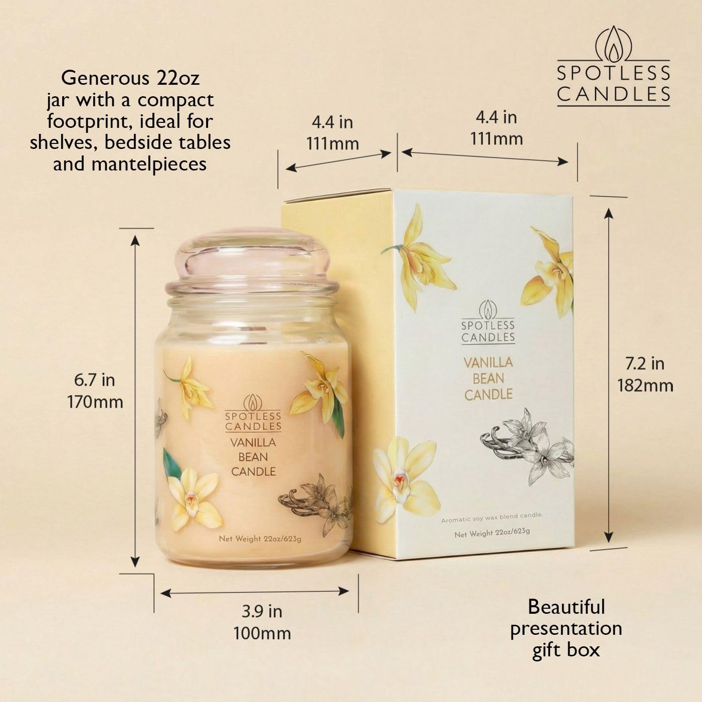 Vela de vainilla de 22 onzas con mecha de madera en una caja de regalo de presentación y envío protector, velas perfumadas de vainilla, velas en tarro grande
