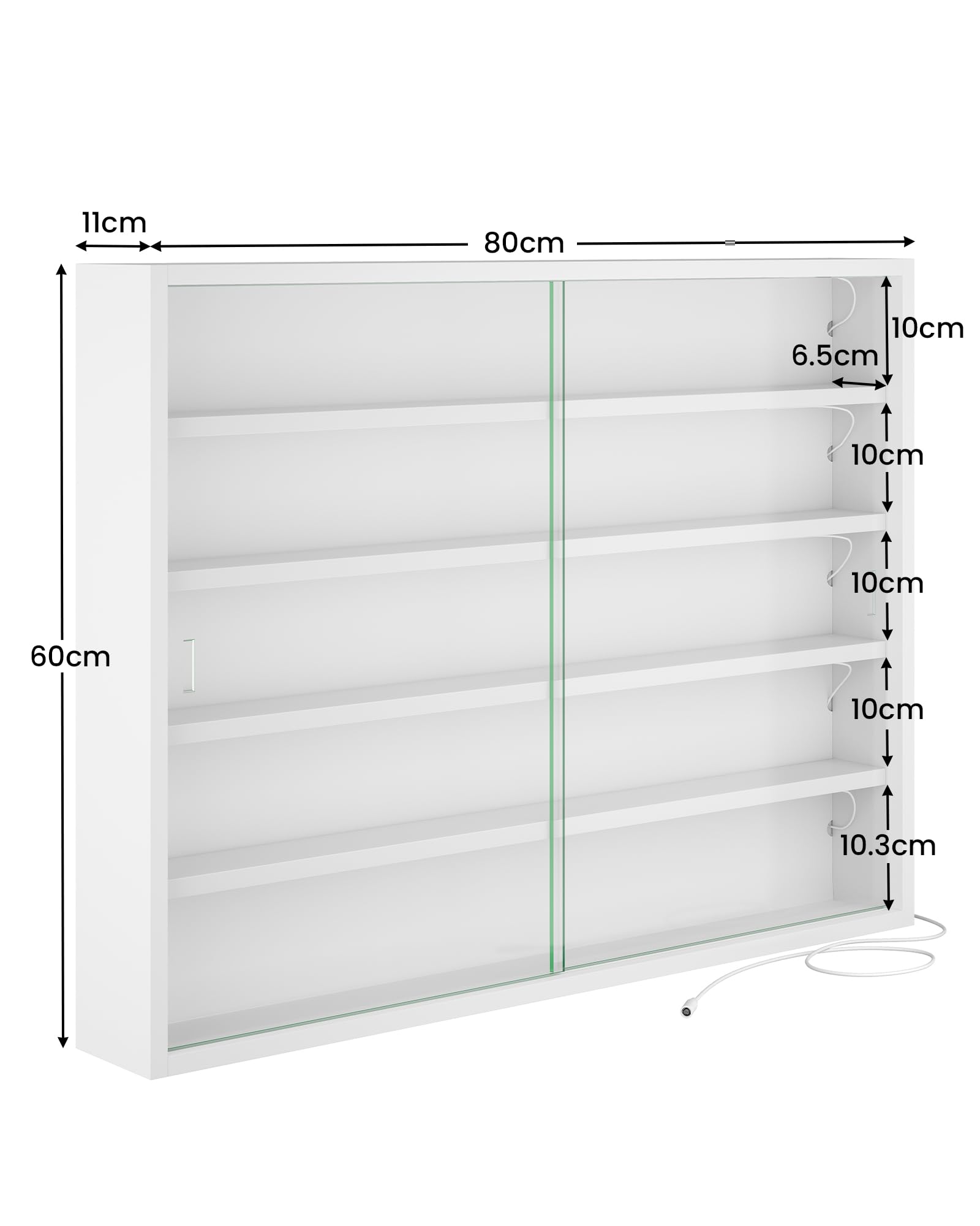 KIMENICH Sammlervitrine, 5-stöckige Glasvitrine mit LED-Beleuchtung, hängende Wandvitrine, Wandregal mit Glastüren, Hängevitrine für Figuren, Vitrinenschränke, Weiß
