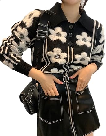 Women Kawaii Clothes Collared Sweater Cute Plaid Pullover Jumper Knitted Outerwear