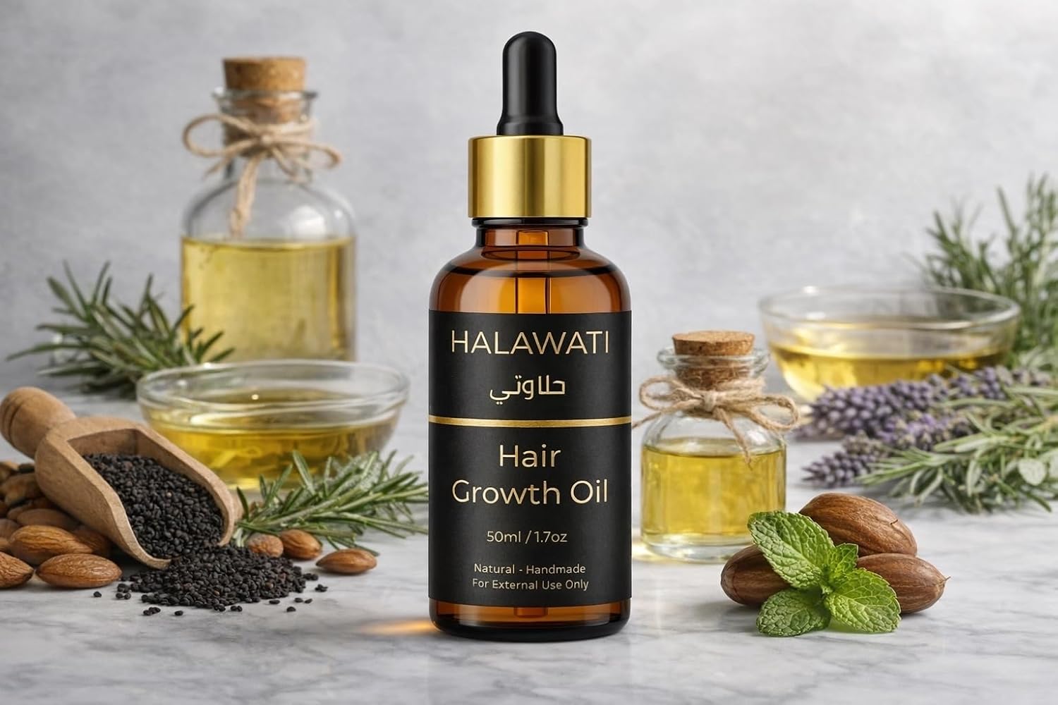 HALAWATI Hair Growth Oil – Rosemary, Black Seed Oil, Castor Oil Blend for Scalp & Hair Care, 50ml (1.7oz)