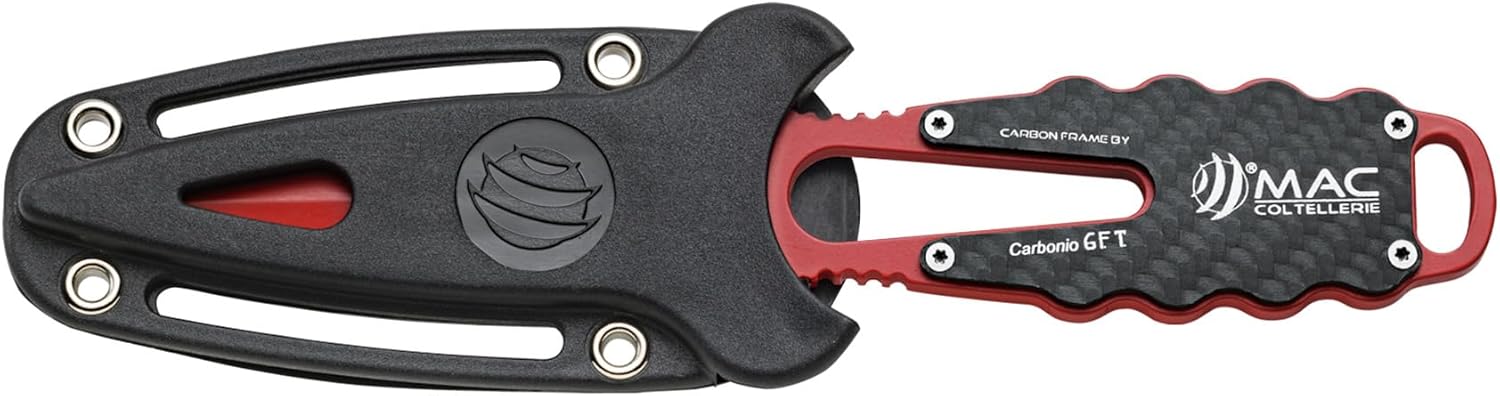 Walker by Mac Coltellerie APNEA 9 Scuba Diving Knife Stainless Steel Made In Italy w/PTFE Rosso Coating & Carbon Handle