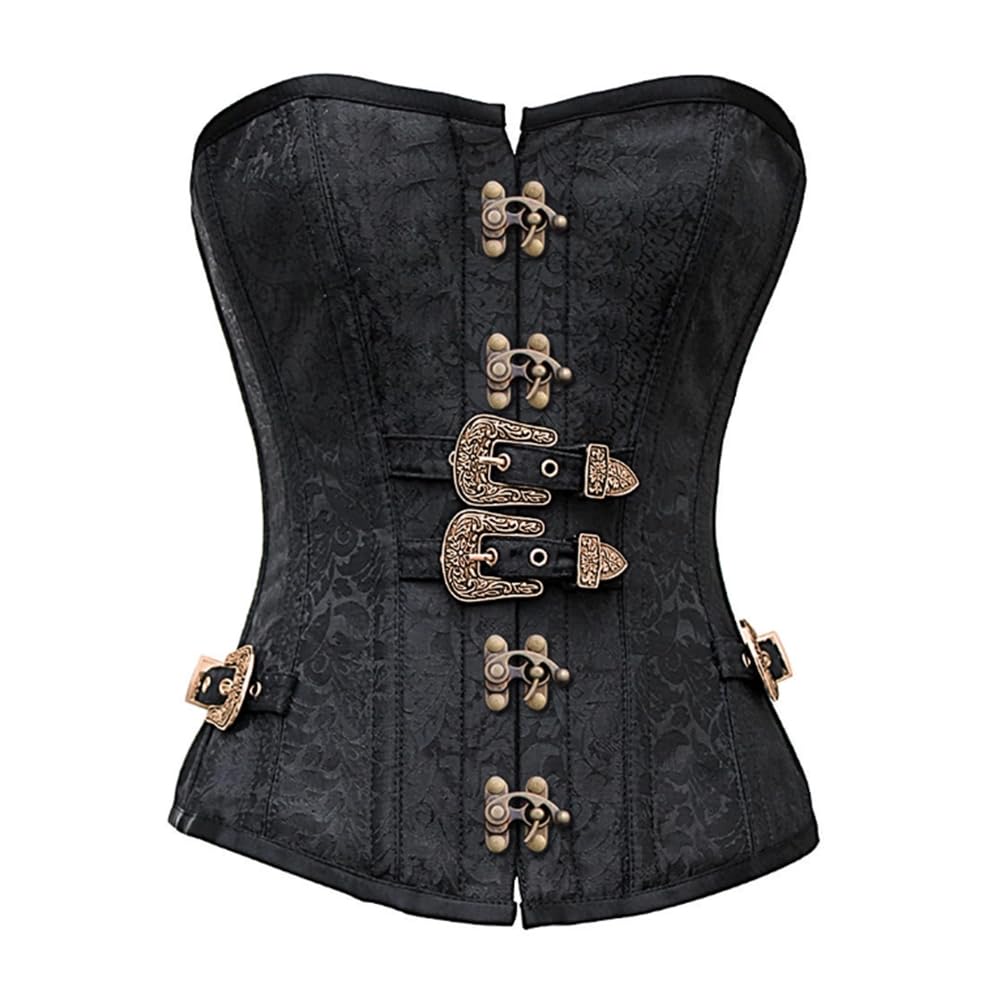CorsetStreet Womens Black Brocade Antique Buckles Gothic Costume Waist Training Bustier Overbust Corset Top
