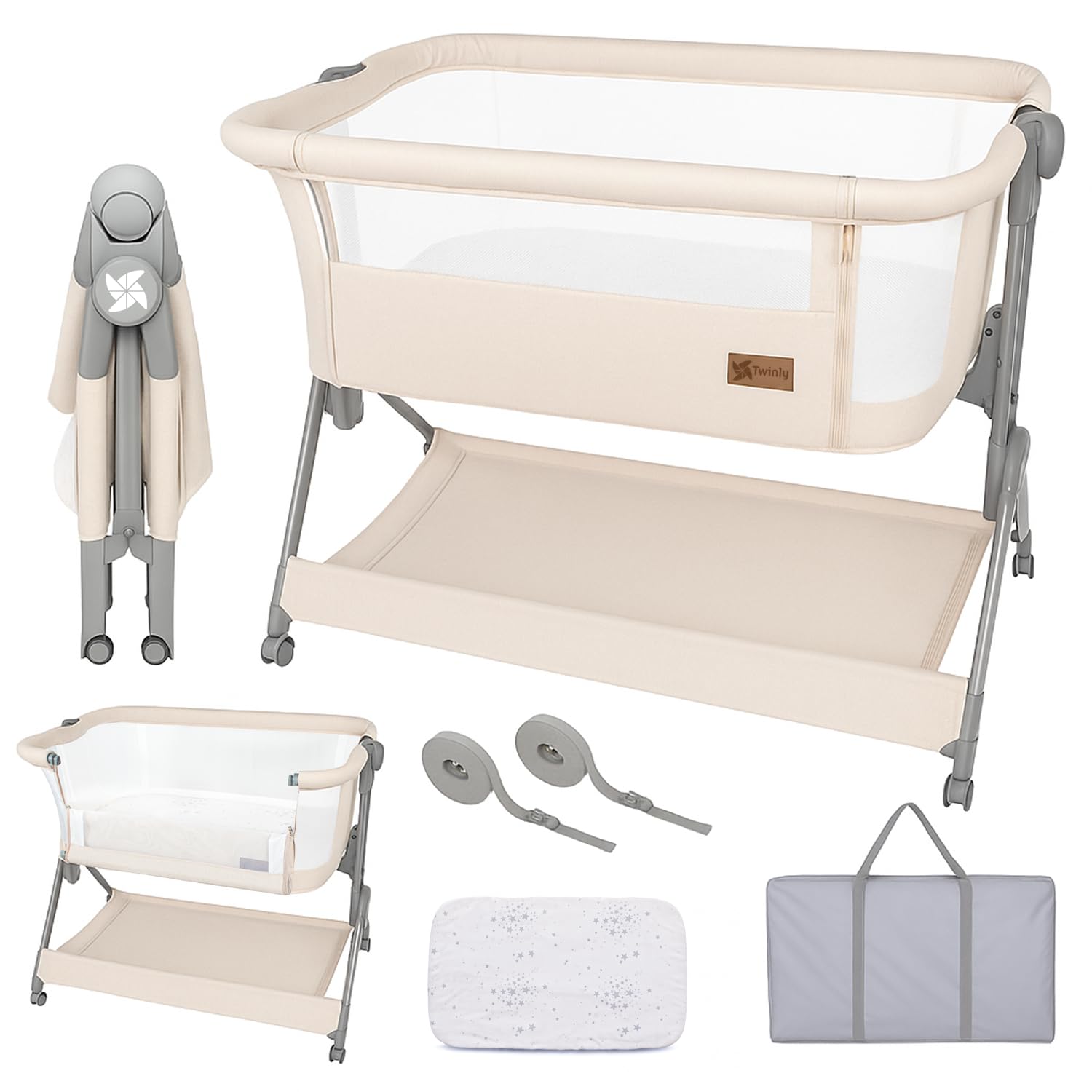 Twinly – Culla Co‑Sleeping Comfortly con Ruote | Pieghevole in pochi secondi, Altezza Regolabile (5 posizioni), Traspirante 0+ mesi fino a 9 kg, Materasso, Lenzuolo, Borsa e Cesta – Senza Montaggio