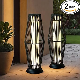TRIROCKS Outdoor Floor Lamp 2 Piece Solar Powered Lantern Wicker Solar Patio Lamp with Olifen Rope Waterproof Rattan Outside Solar Deck Light for Patio Garden Lawn Yard (Black)