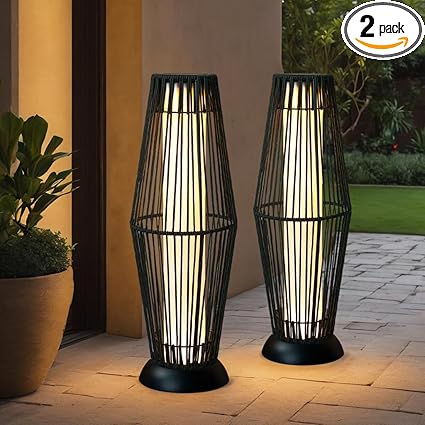 TRIROCKS Outdoor Floor Lamp 2 Piece Solar Powered Lantern Wicker Solar Patio Lamp with Olifen Rope Waterproof Rattan Outside Solar Deck Light for Patio Garden Lawn Yard (Black)