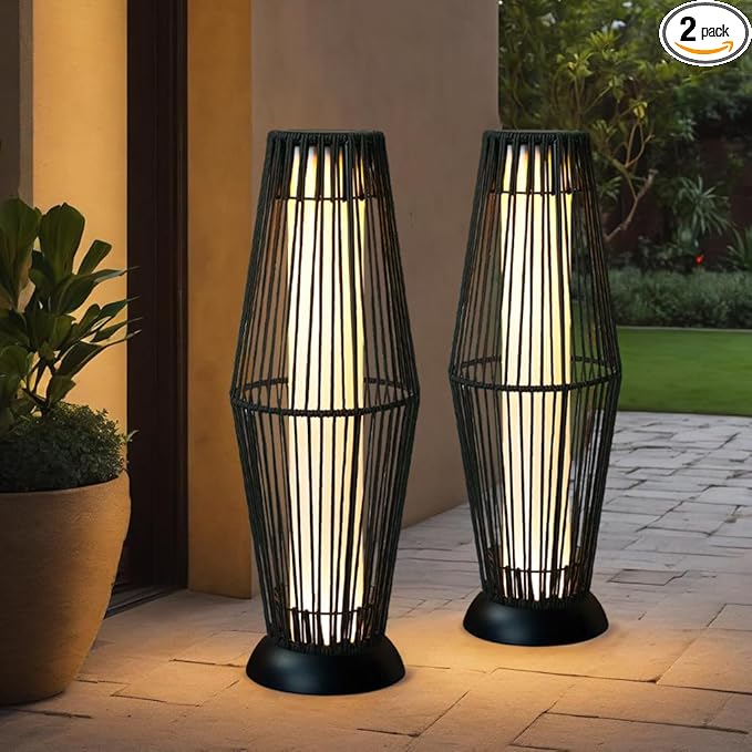 TRIROCKS Outdoor Floor Lamp 2 Piece Solar Powered Lantern Wicker Solar Patio Lamp with Olifen Rope Waterproof Rattan Outside Solar Deck Light for Patio Garden Lawn Yard (Black)