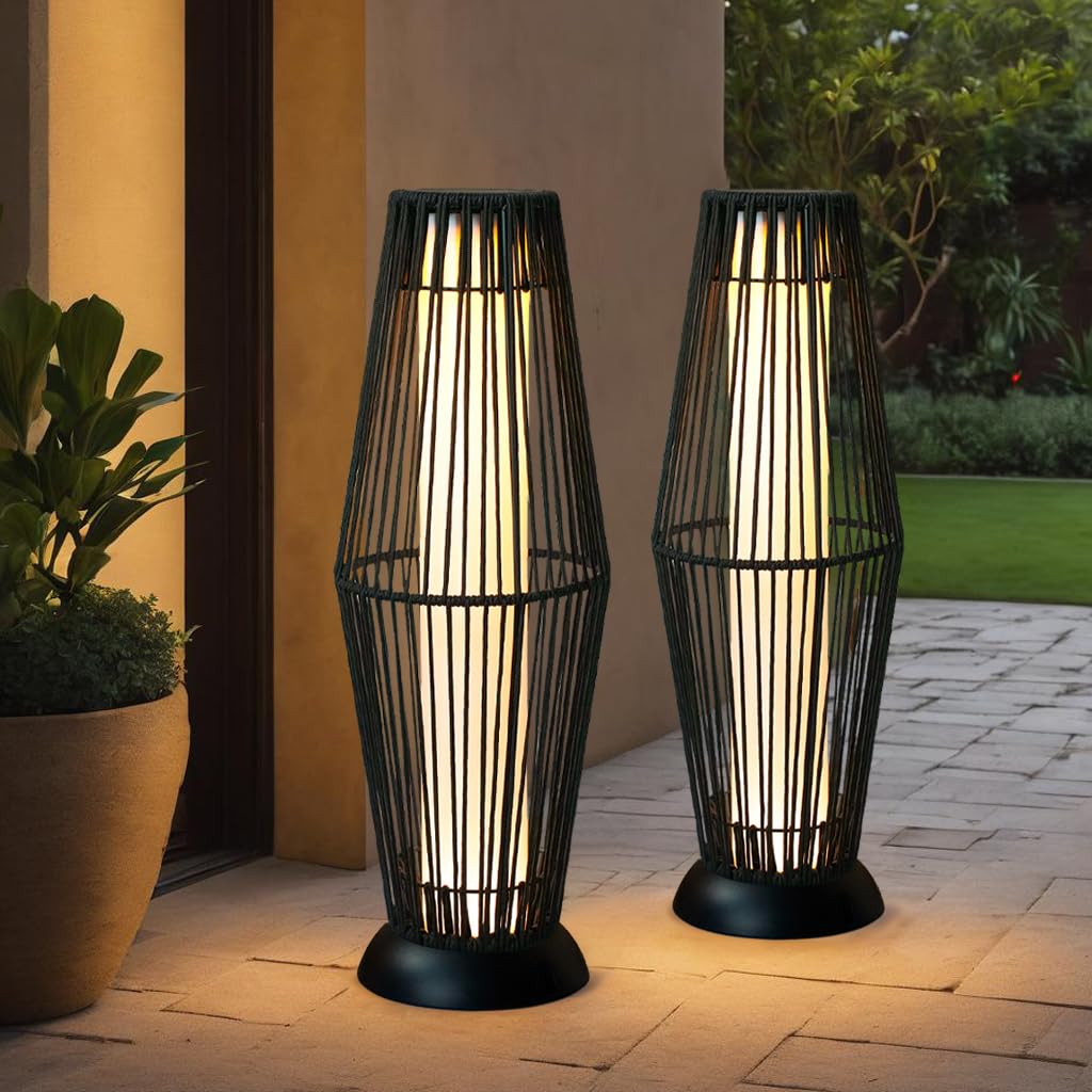 TRIROCKS Outdoor Floor Lamp 2 Piece Solar Powered Lantern Wicker Solar Patio Lamp with Olifen Rope Waterproof Rattan Outside Solar Deck Light for