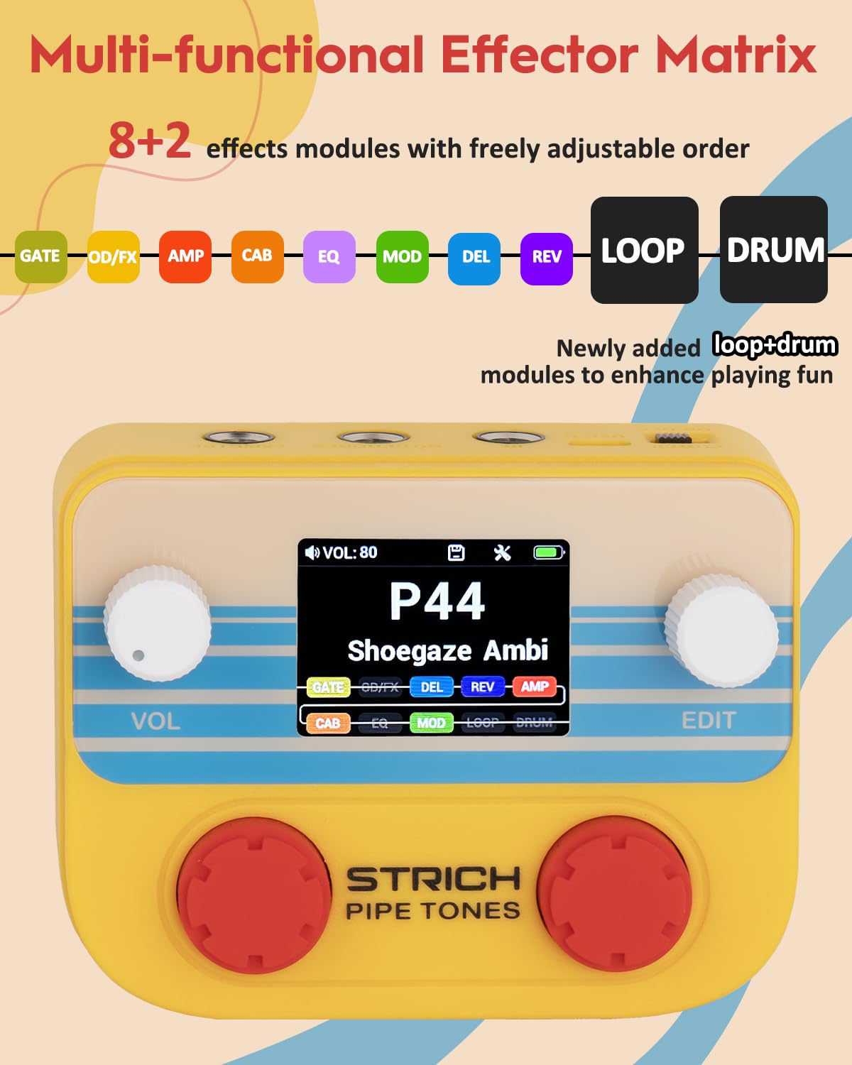 STRICH Pipe Tones Pocket Multi-Effects Processor per chitarra e basso con 10 moduli effetto 125 effetti Looper 40s 100 pattern di batteria Interfaccia audio USB Controllo wireless (Arancione)