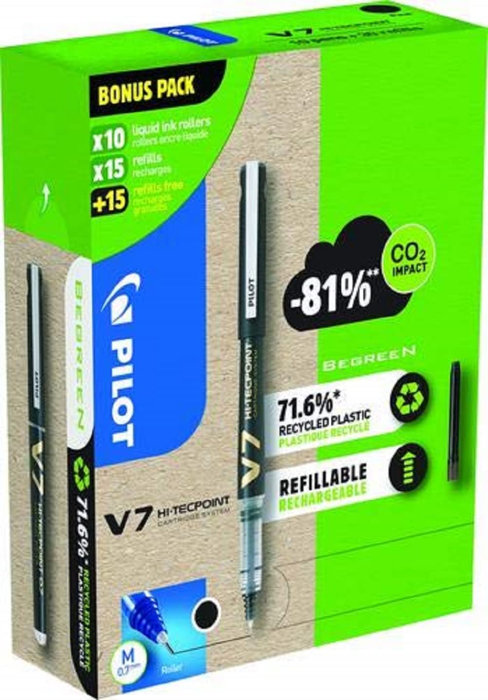 Pilot Greenpack V7, Eco, 0,7 mm, noir, 10 stylos et 30 recharges
