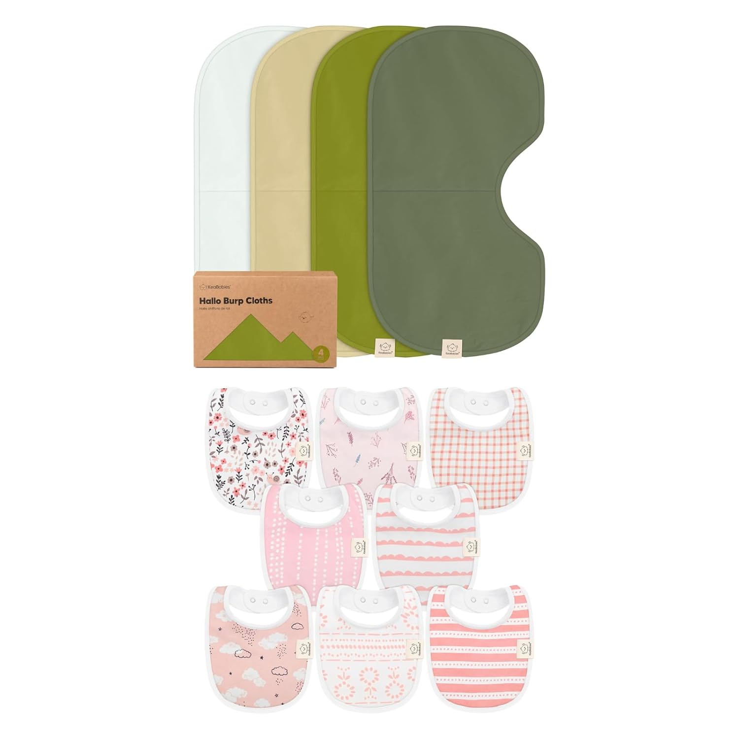 KeaBabies 4-Pack Baby Burp Cloths Baby Girl, Boy and 8-Pack Baby Bibs for Girls & Boys - Cotton Burp Cloth Extra Large, Absorbent - Teething Bibs for Kids