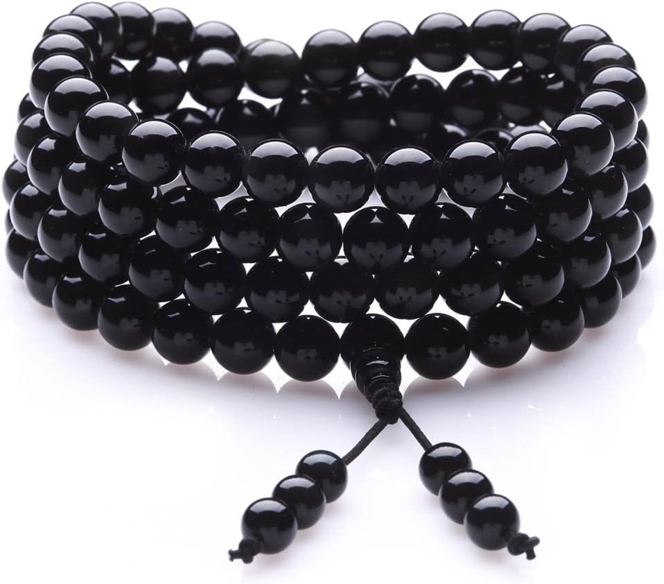 FELICIS JEWELRY 8mm 108 Black Obsidian Stones Necklace Prayer Beads Buddhist Tibetan Meditation Wrist Mala Elastic Bracelet for Men Women Unisex
