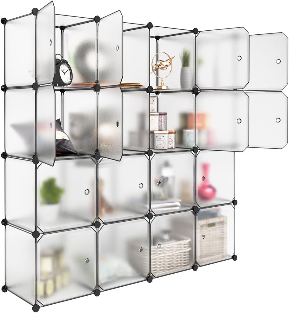 LANGRIA 16 Storage Cube Organizer Plastic Cubby Shelving Drawer Unit, DIY Modular Bookcase Closet System Cabinet with Translucent Design for Clothes, Shoes, Toys (White)