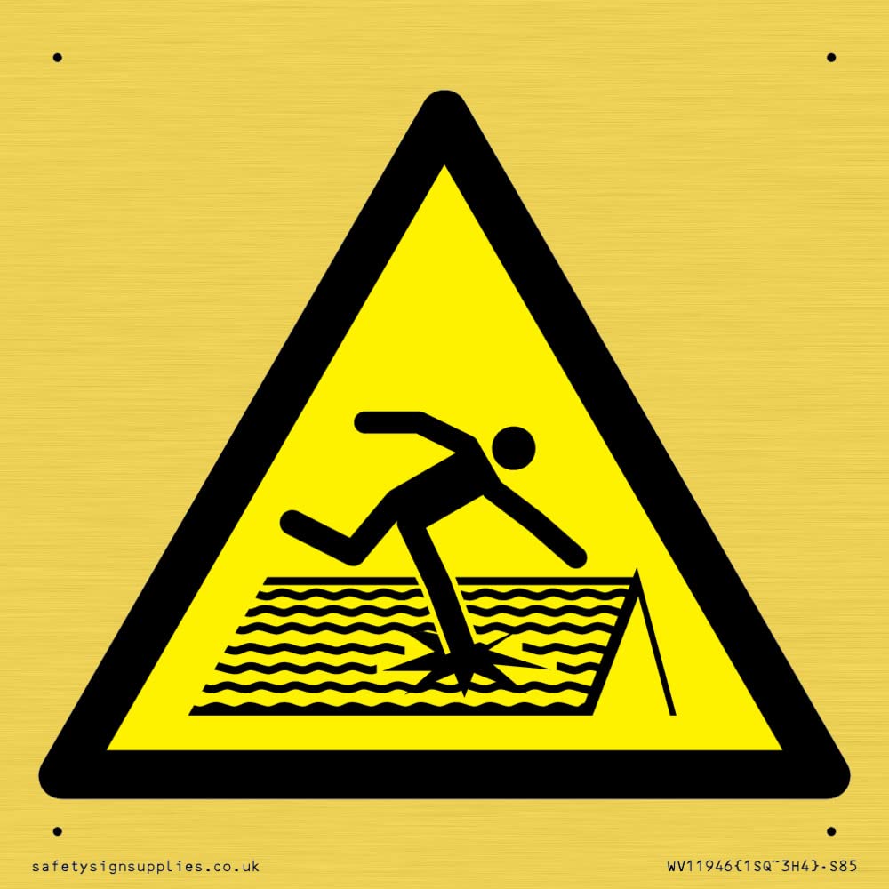 W036 Warning: Fragile roof Sign - 85x85mm - S85, Yellow/White, 85x85 mm