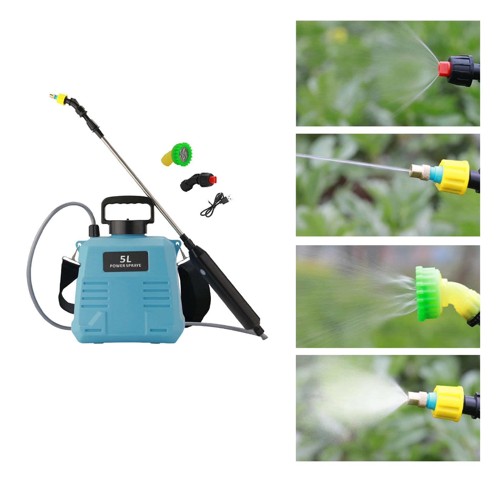 Gralara Pulverizadores de Bomba eléctrica, varitas retráctiles con Correa para el Hombro, Botella pulverizadora de riego Recargable por USB para riego de, 5L Azul