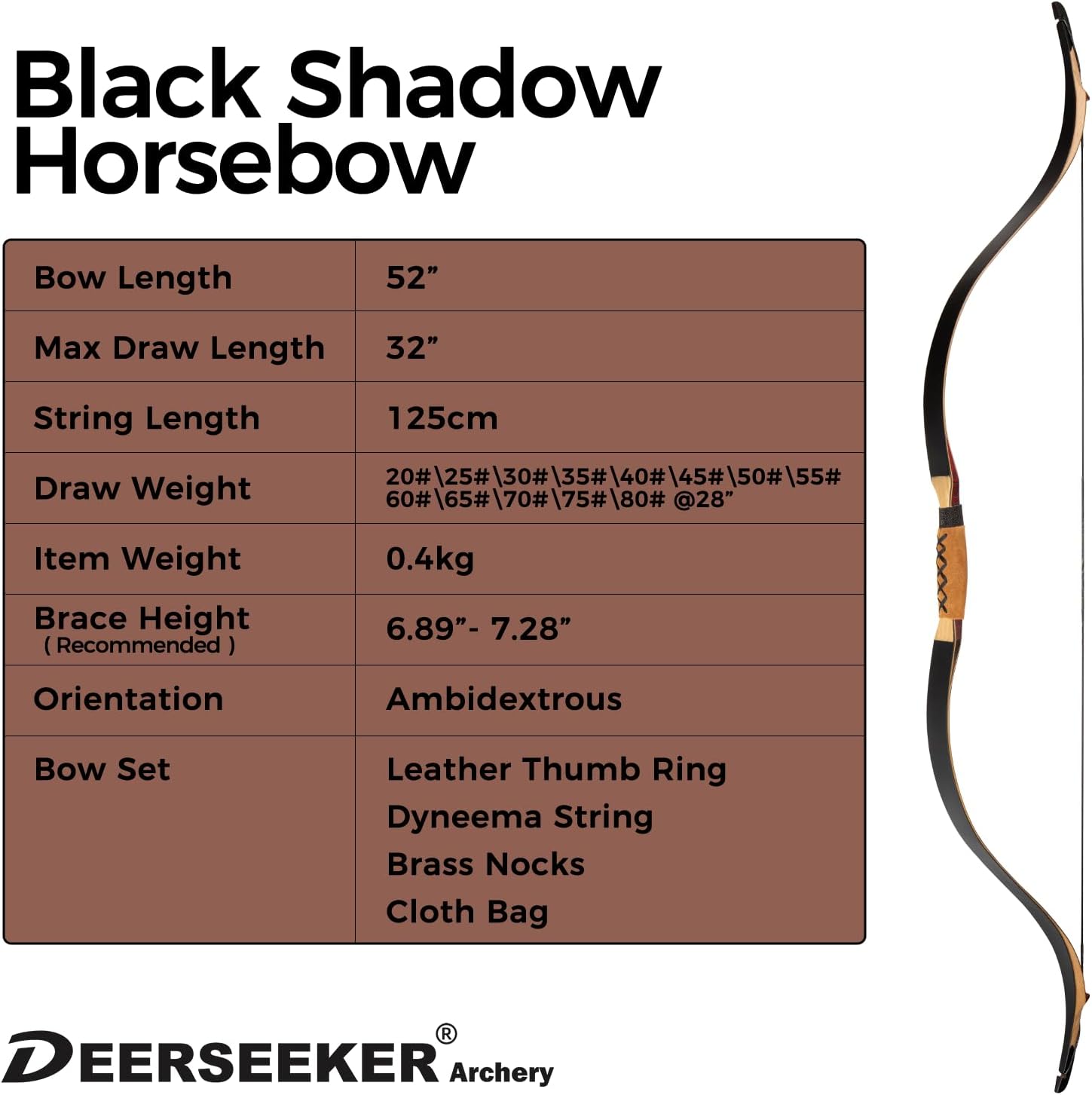 Deerseeker Archery 52" Recurve Bow Traditional Handmade Longbow Ambidextrous Horsebow Set for Adults & Youth Practice Target Shooting 20-80lbs