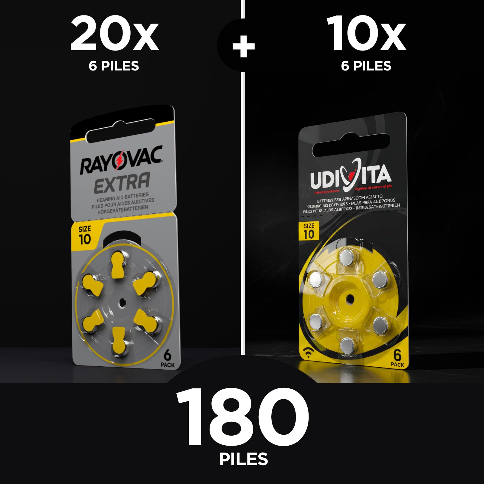 180 Piles Taille 10 pour Les Aides auditives PR70 (Jaune - Zinc Air) avec la Technologie Phono Pulse pour amplificateur auditif - 180 Piles: 60 Udivita + 120 Rayovac