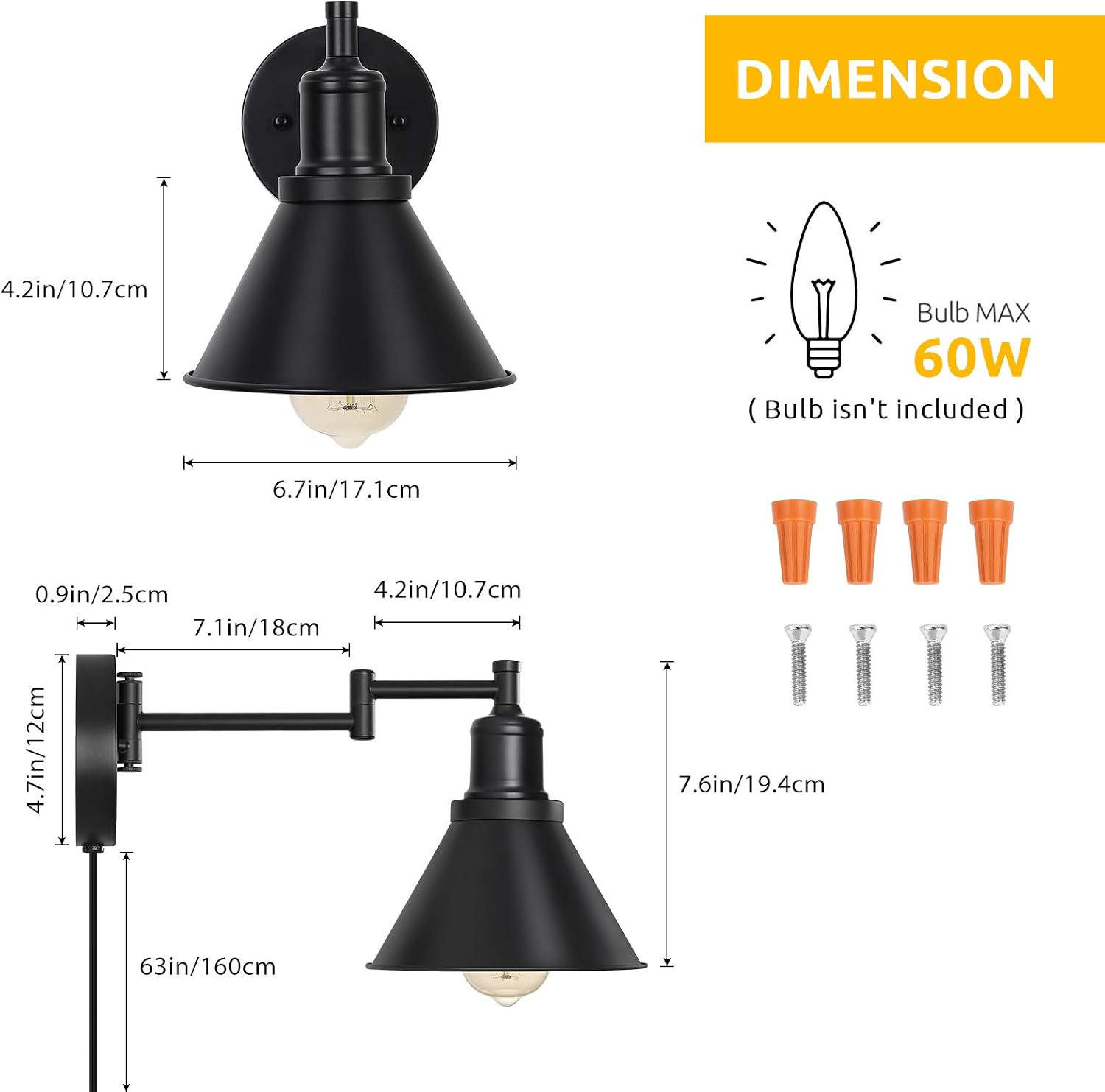 HAITRAL Black Wall Sconces Lighting-Plug in Wall Lamps with ON/Off Switch, Wall Lamps for Bedroom Set of 2 Wall Mounted Lights for Bedroom,Bedside,Living Room,Dorm- Black