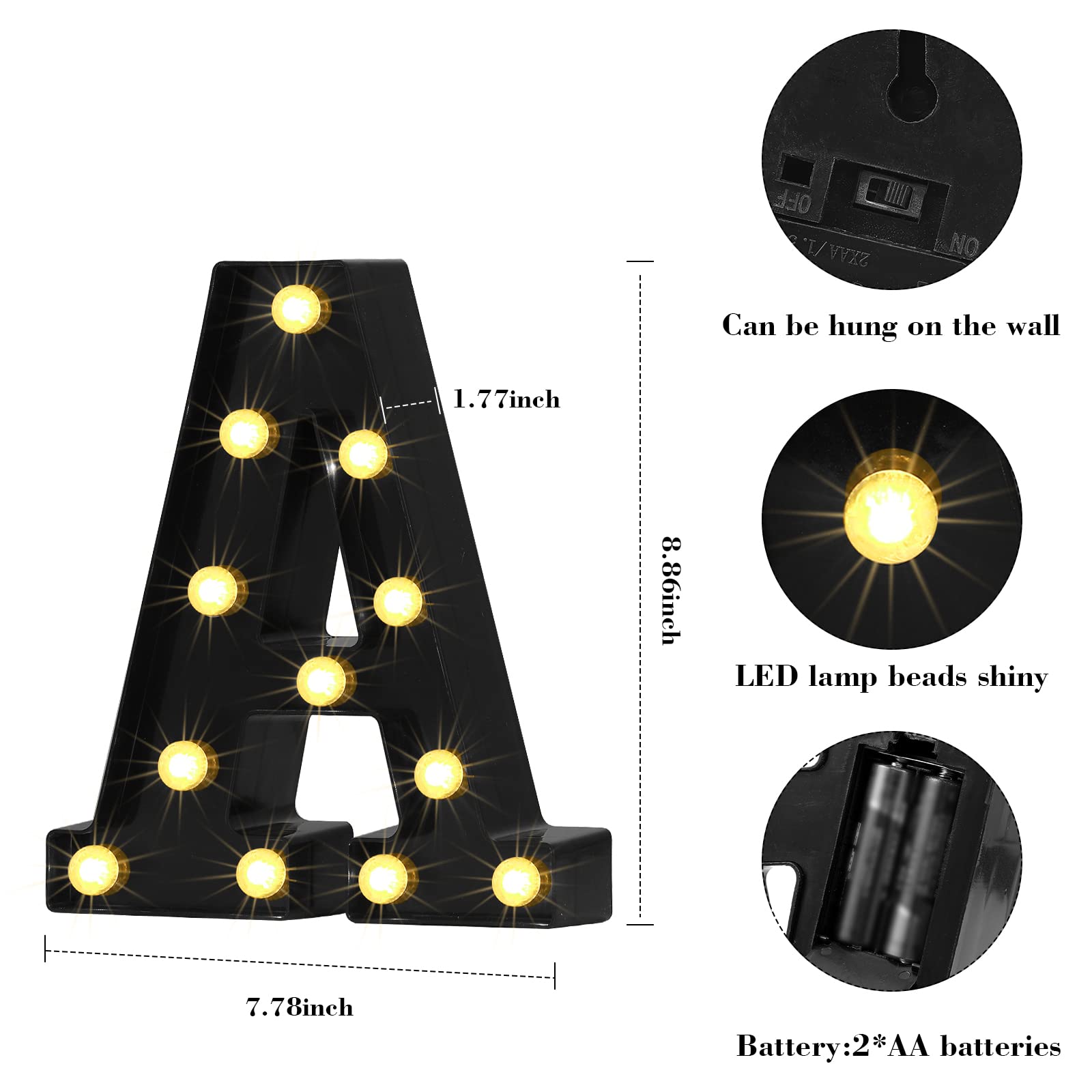 Lot de 3 lettres lumineuses LED à piles pour décoration de maison, fête, anniversaire, Halloween, Noël (noir)