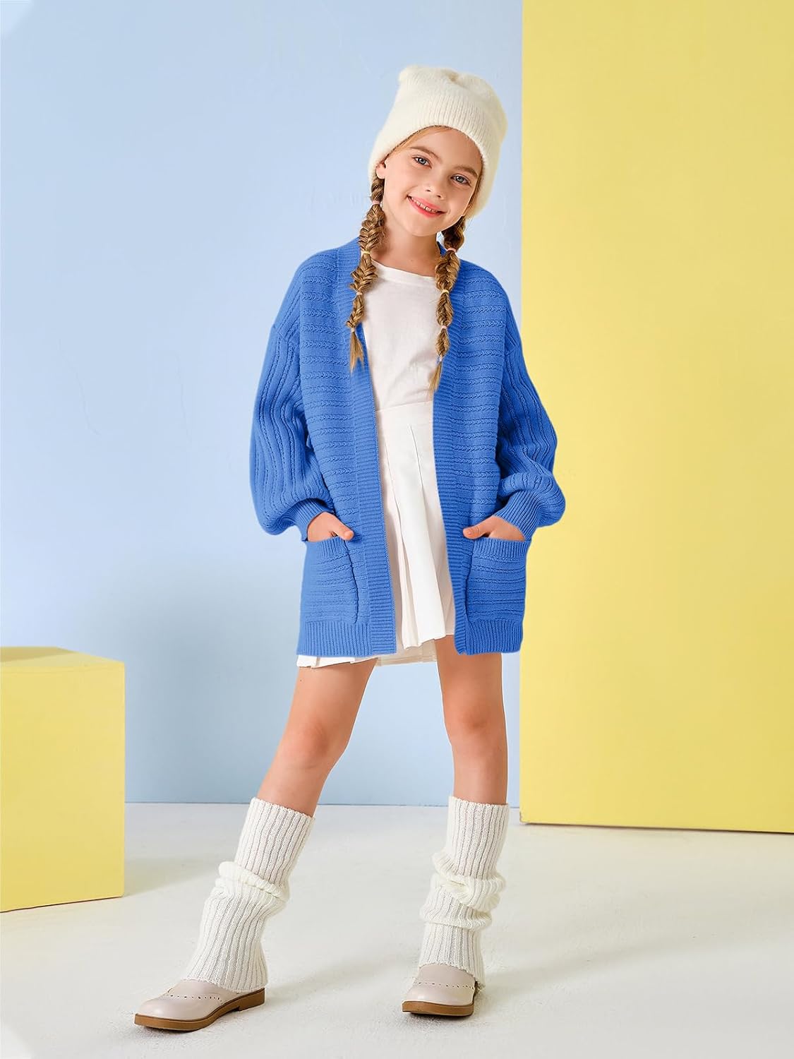 Haloumoning Kids Girls Open Front Cardigan Sweaters Long Sleeve Cable Knit Fashion Clothes with Pockets 5-14 Years - Image 6