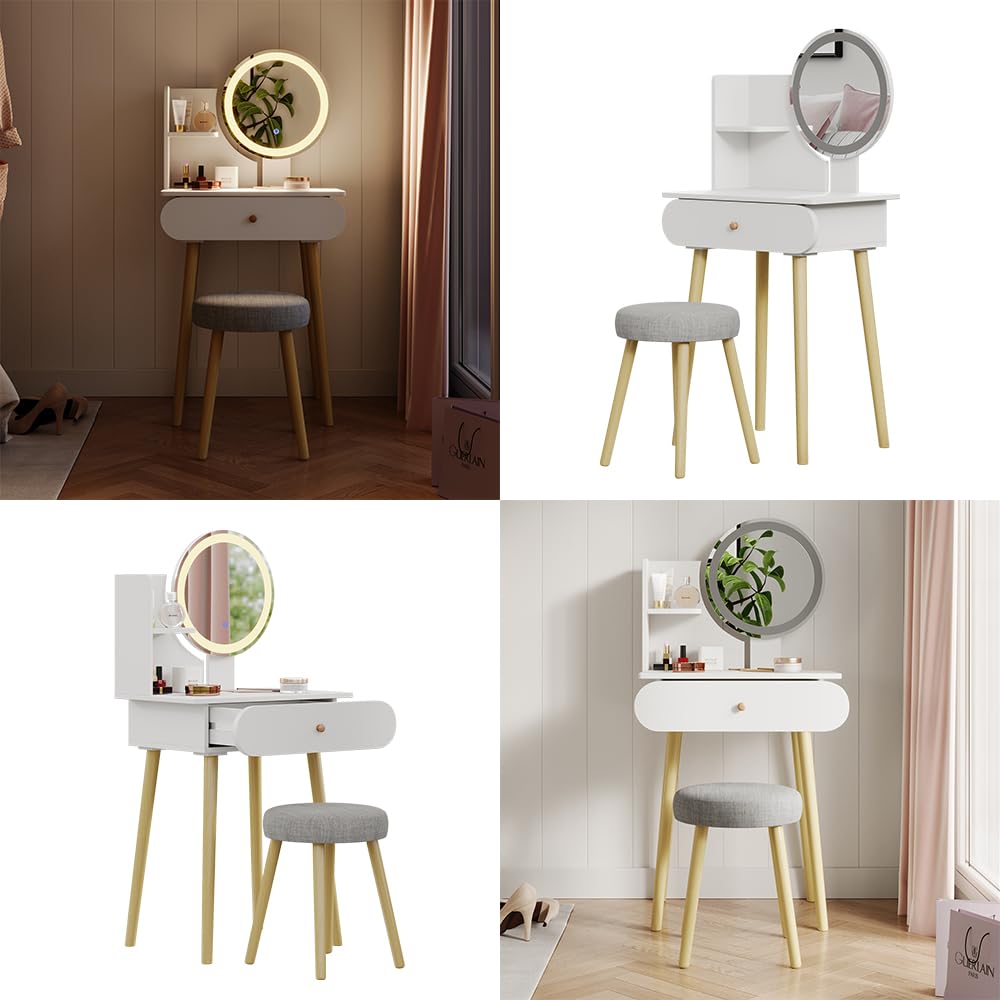 Vicco Tavolino da toilette Edda, Bianco, 60 cm con specchio LED e sgabello, con specchio LED rotondo e sgabello coordinato