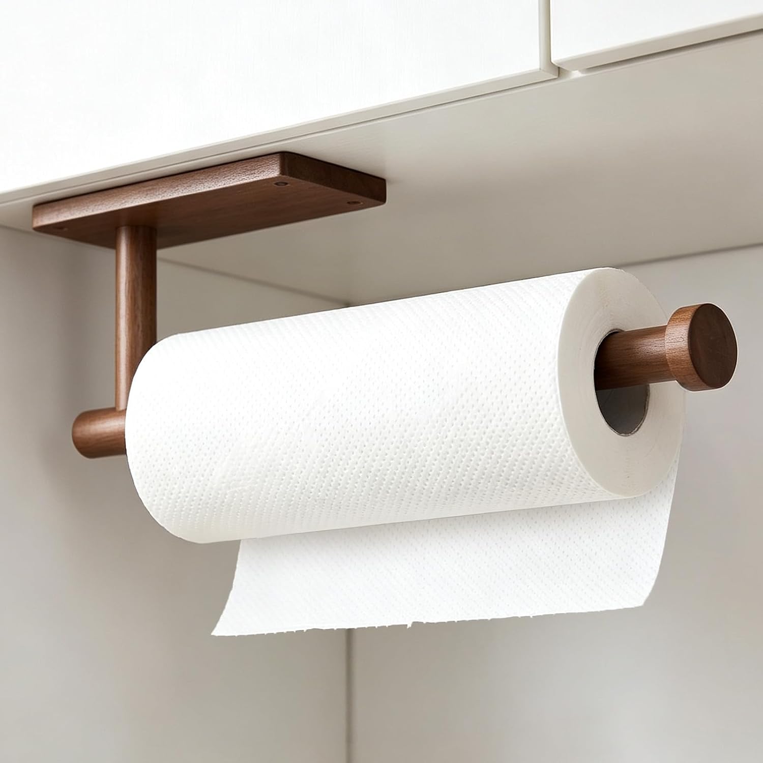 Wood Paper Towel Holder Under Cabinet, Wall Mounted, Stick or Drill