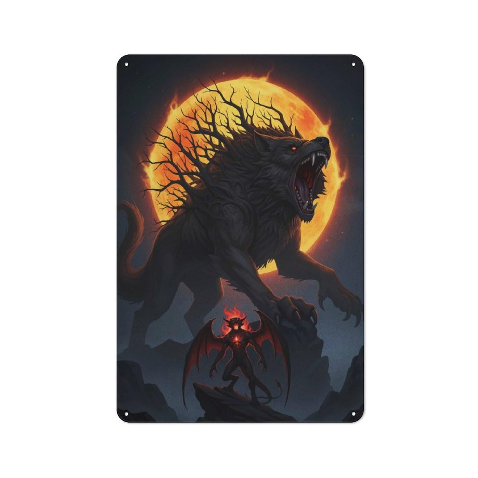 Junmoney Werewolf And Demon Under Fiery Moon Vintage Cafe Metal Sign 30X20cm Featuring Bistro Wall Plaque For Tea Room, Shop Wall Or Breakfast Area