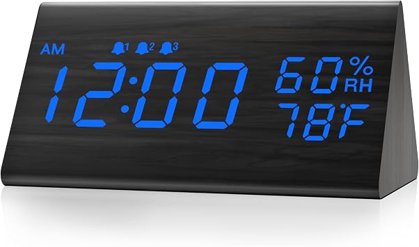 JALL Wooden Digital Alarm Clock for Bedrooms and Office, 3 Alarms with Big Digits, Humidity and Temperature Display, 6-Level Dimmer, Snooze, Loud Desk Clock for Heavy Sleepers, Plug in Black