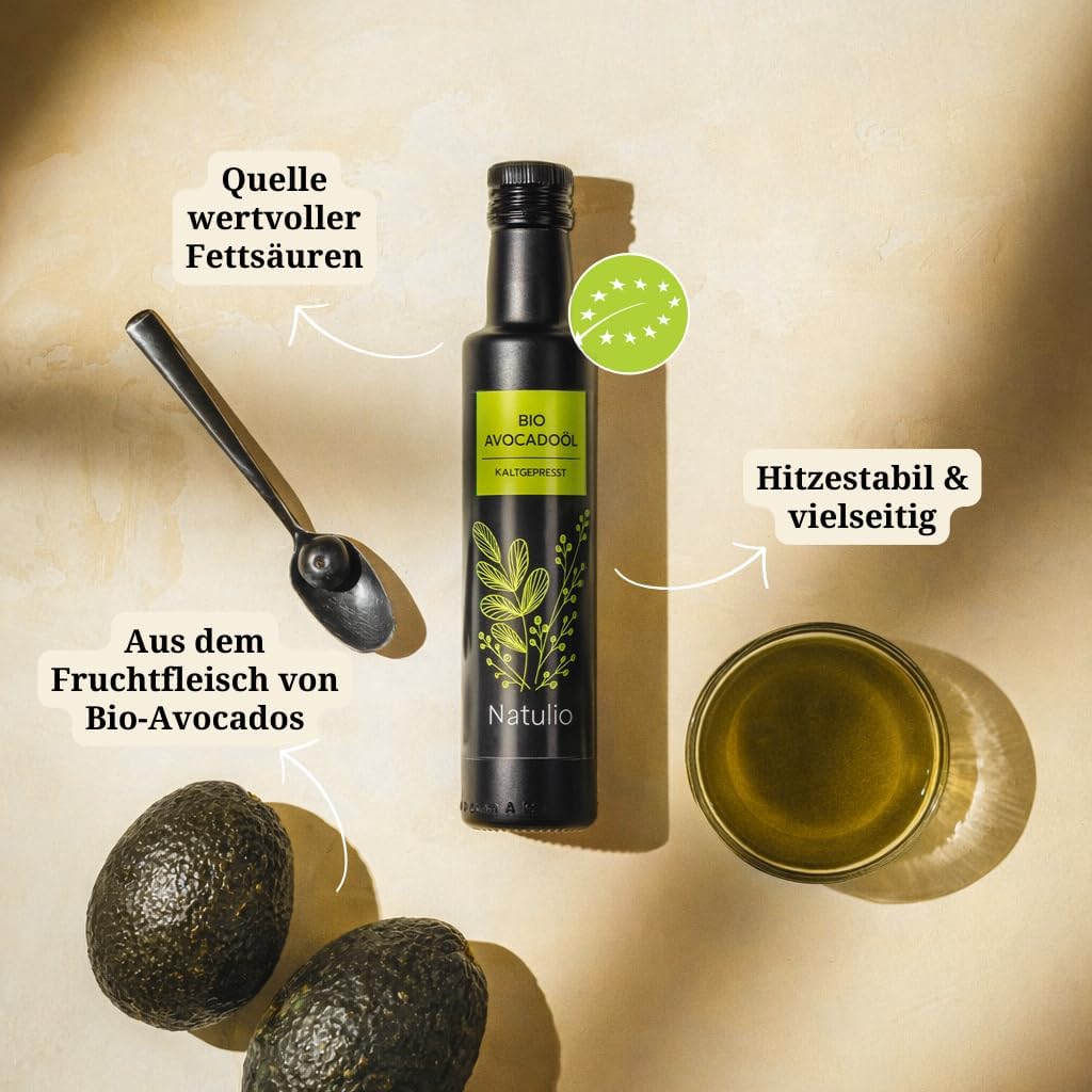 Natulio BIO Avocadoöl kaltgepresst 500ml doppelte Menge - zur Ernährung sowie zur Hautpflege geeignet - reich an Vitamin E und ungesättigten Fettsäuren - zertifiziert nach DE-ÖKO-006