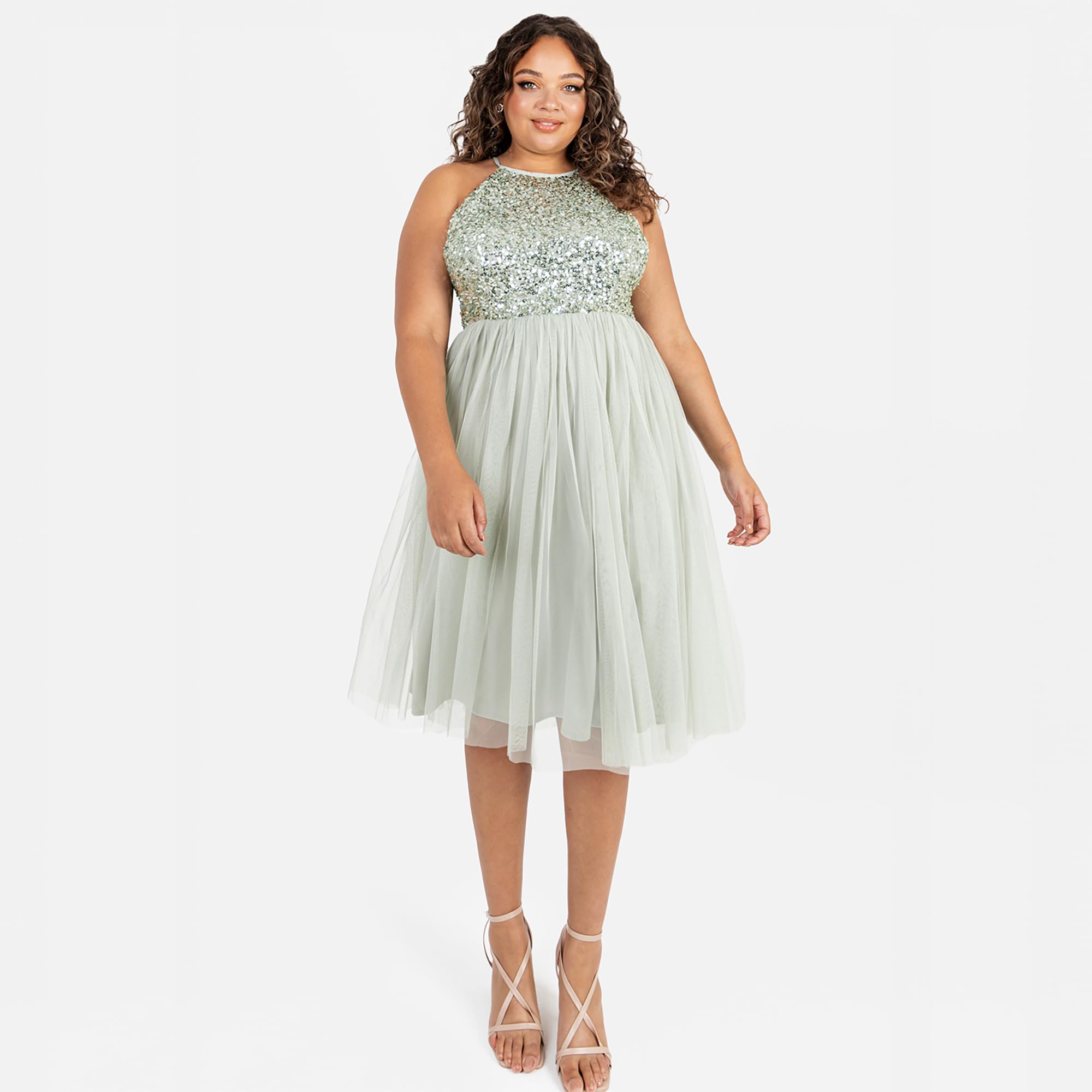 Maya Deluxe Midi para Mujer con Cuello Halter de Tul para Noche, Graduación, Boda, Damas de Honor, Vestido de Baile Dama
