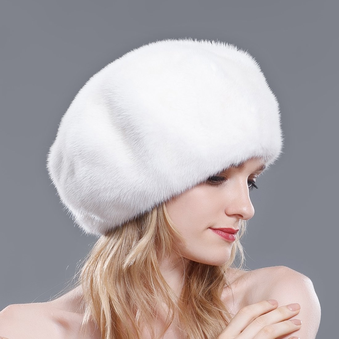 URSFUR Ladie's Mink Full Beret Hats (One Size, White)