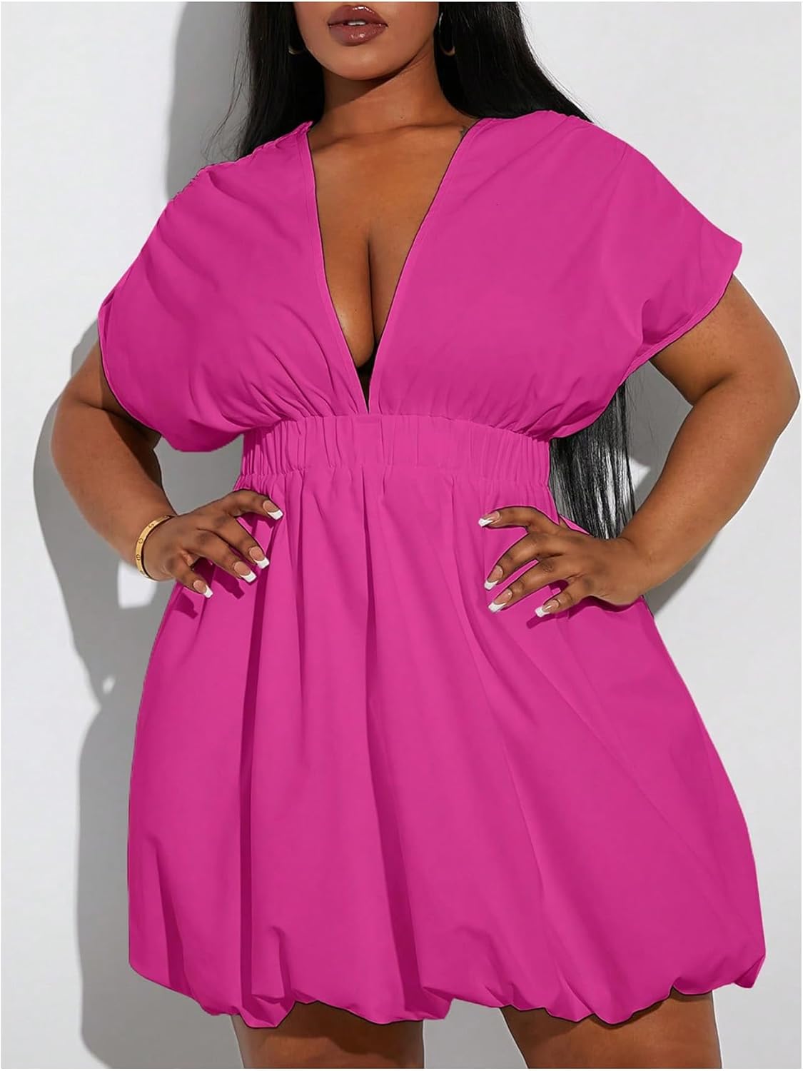 WDIRARA Women's Plus Size Deep V Neck Bubble Dress Short Sleeve A Line Mini Dresses - Image 5