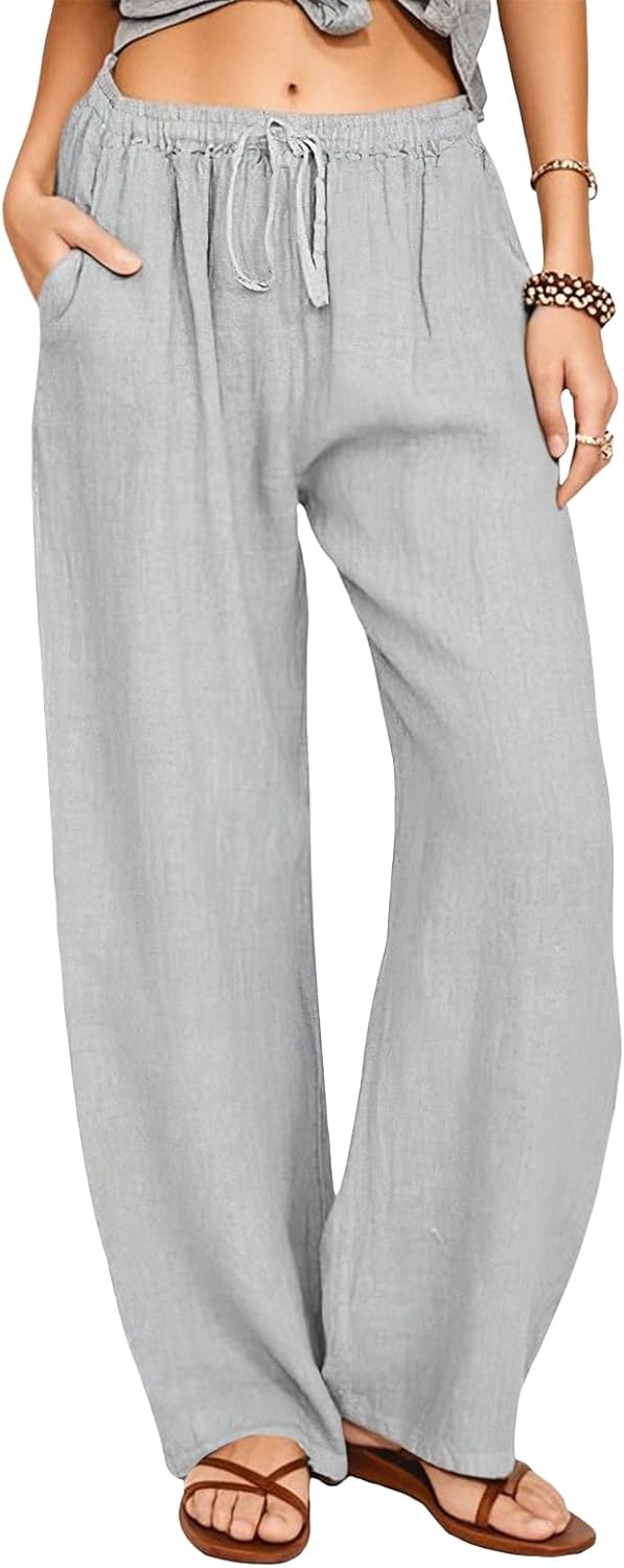 Women’s Summer Drawstring Waist Wide Leg Loose Cotton Linen Palazzo Pants