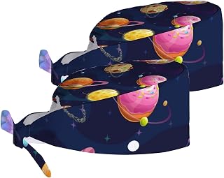 Working Cap with Sweatband Button Tie Back Hats Cute Dessert Cake Planets Candy Sugar Birthday Work Hat Skull Cap for Women Men 2 pack