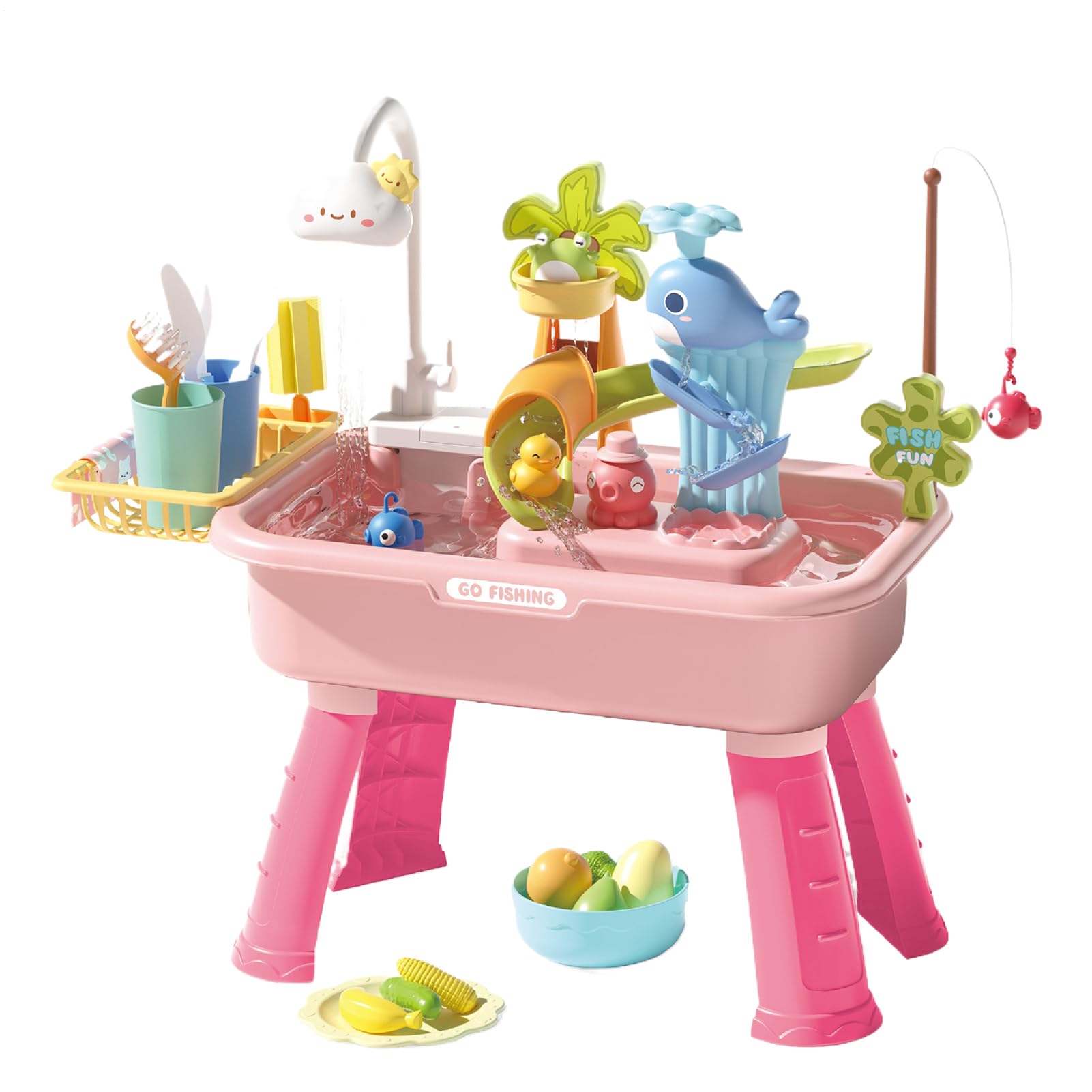 Wasserspieltisch Kinder Sand-Wasser-Tisch | 4 Funktionen Spüle Mit Elektrischem Rollenspiel Für Garten Pool Reisen Camping Für Mädchen Und Park Schule Kita