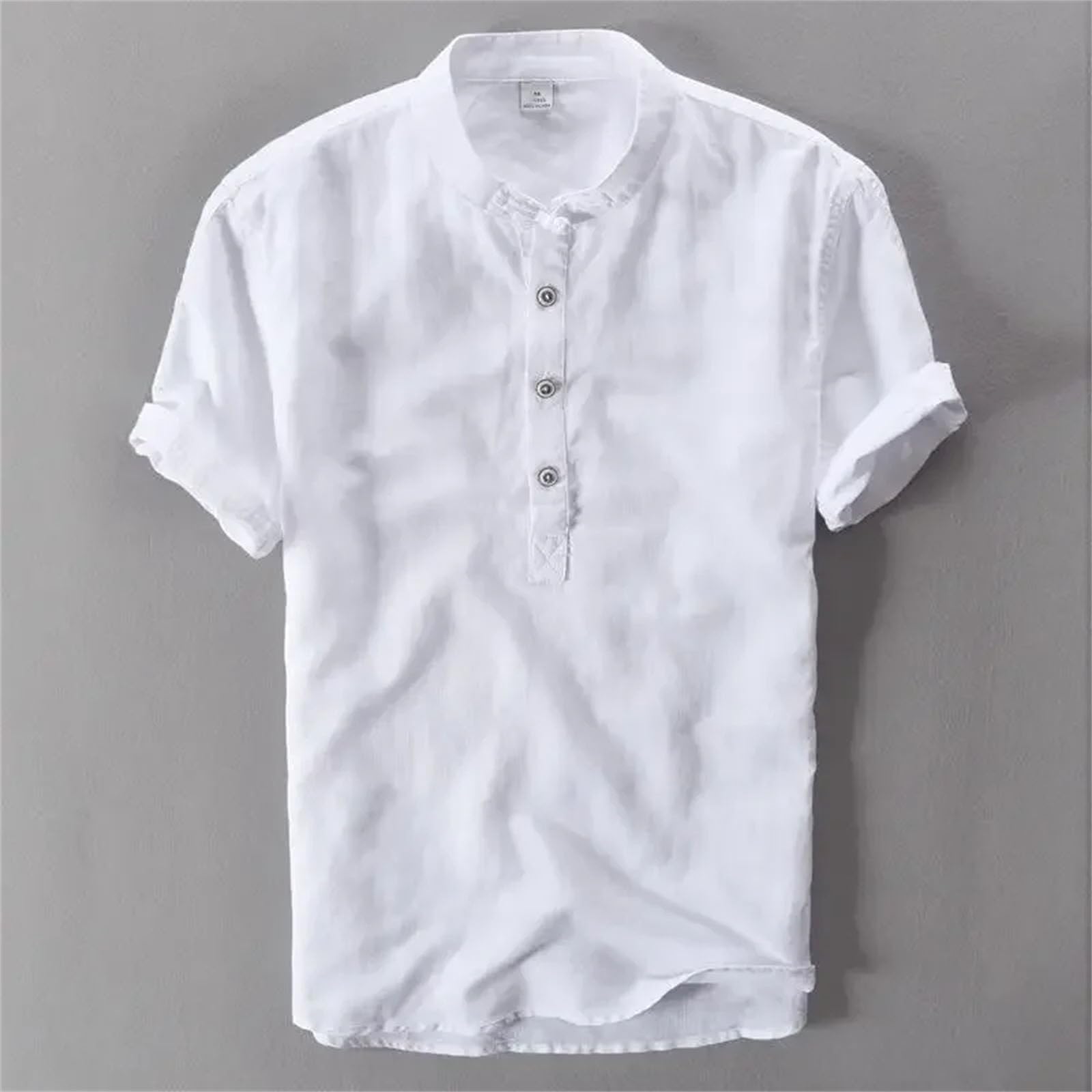 Camiseta de manga corta para hombre, cuello mandarín, algodón, lino, ajuste delgado, transpirable, informal, para uso diario