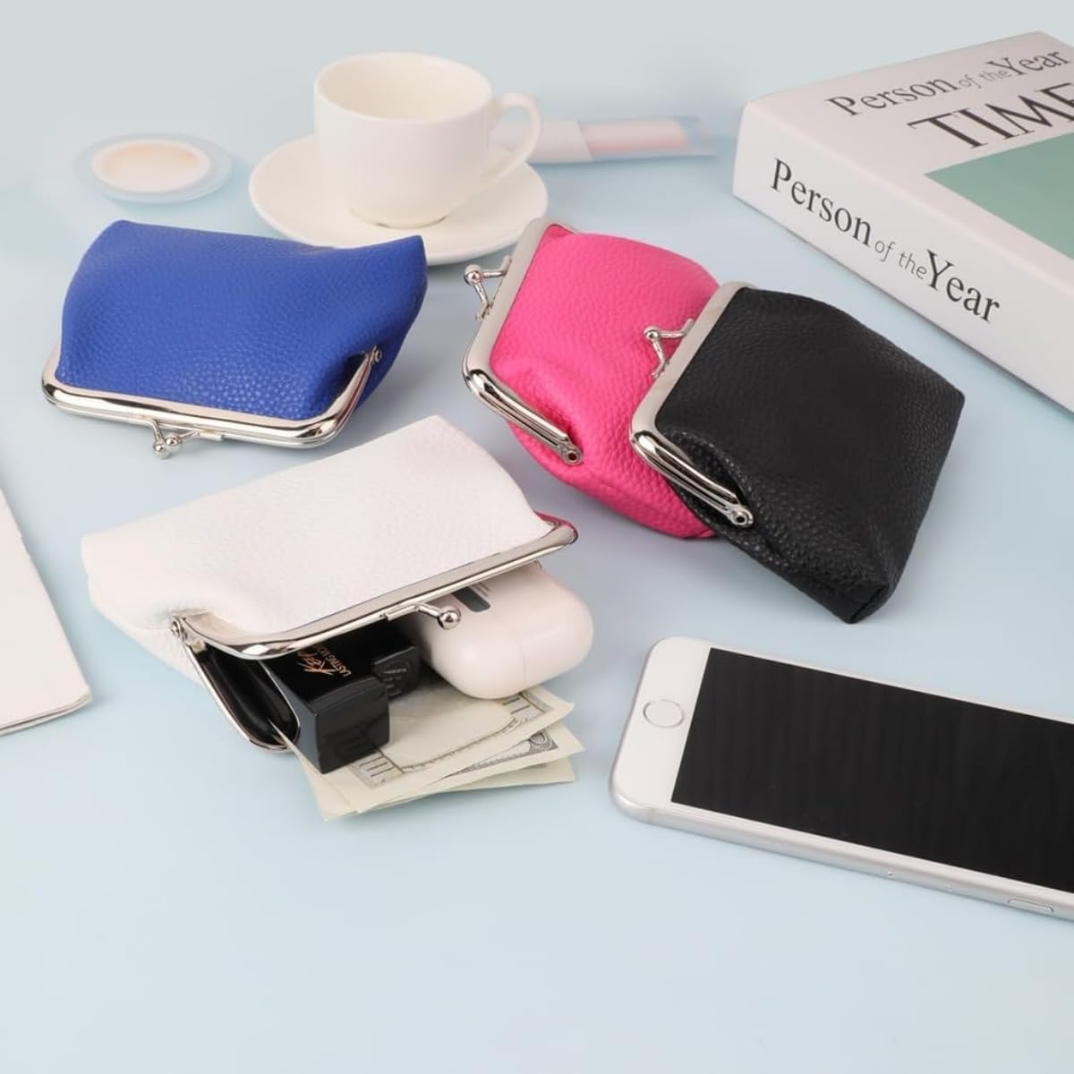 Genuine Leather Wallet Small Vintage Kiss Lock Change Purse with Clasp Car Card Holder Cash Bag for Women Men Gift Box (Blue)